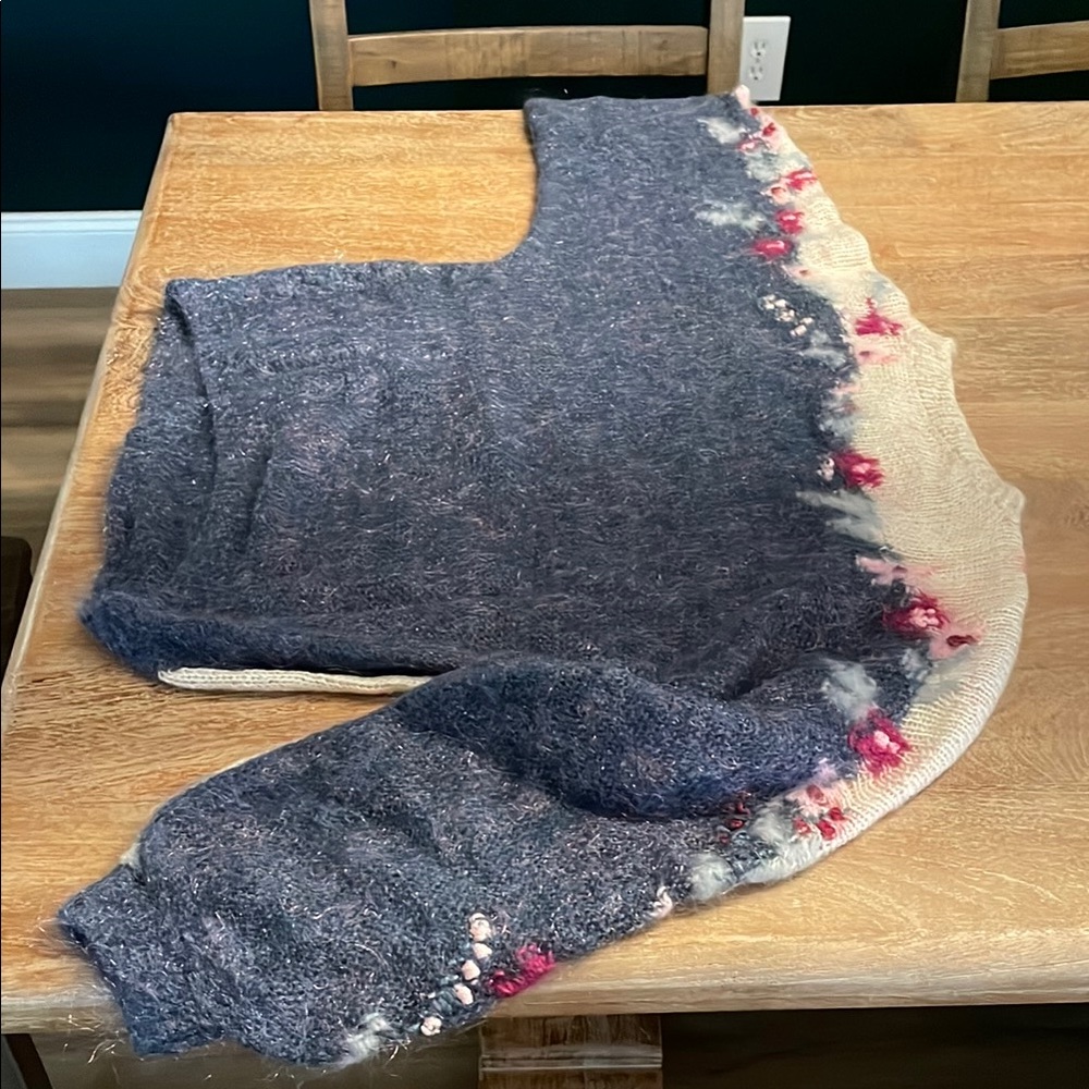Vintage Handmade Knit Colorblock and Floral Crewneck Sweater - Picture 2 of 11